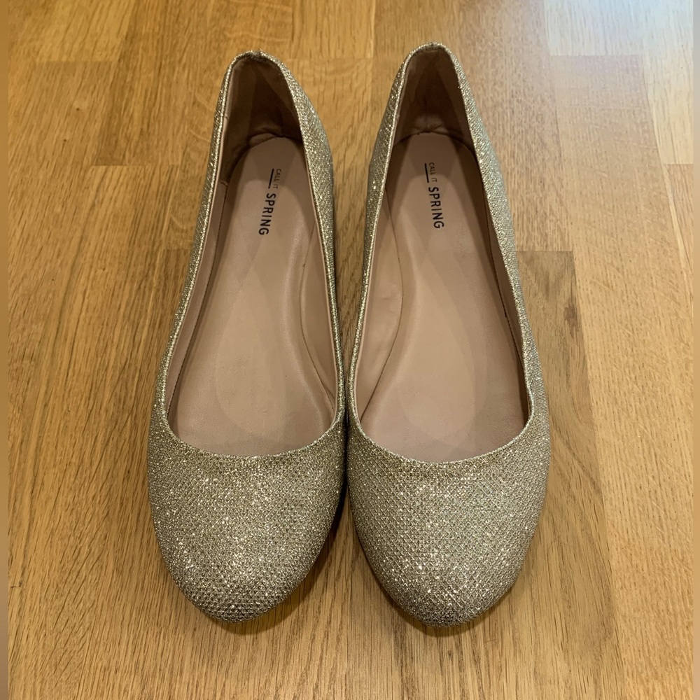 Call It Spring glitter/gold ballerina flat.